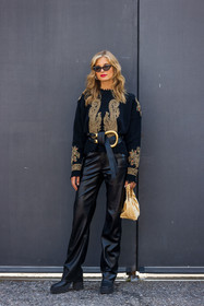 bag, beige bag, black boots, black knit, black pants, black sunglasses, boots, cateye sunglasses, embroidered, etro knit, leather belt, leather boots, leather pants, oversize belt, printed knit, red lips, satined bag, sunglasses, Xenia Adonts, fashion week, frenchystyle, FW, jonathan paciullo, street style, MFW, MILAN, SPRING SUMMER 2022, SS 22, vertical, full length