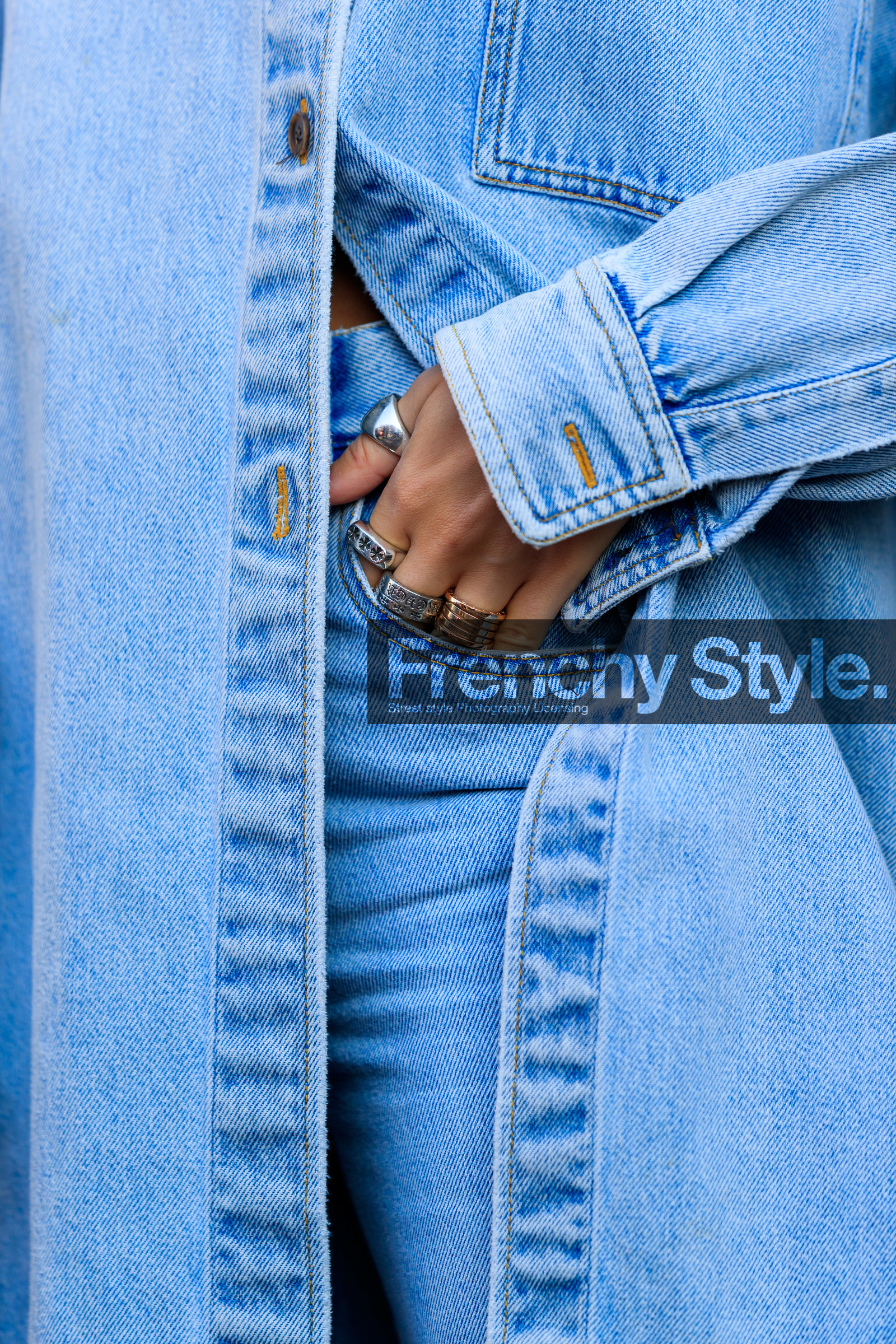 xnenia adonts, denim, denim total look, close up detail, denim shirt, light blue jeans, fashion week, frenchystyle, FW, jonathan paciullo, street style, vertical, atmosphere details, detail, MFW, MILAN, SPRING SUMMER 2020, SS 20