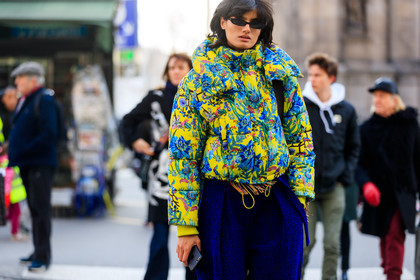 blue pants, corduroy, floral, graphic jacket, multicolor jacket, printed jacket, sunglasses, trousers, yellow jacket, street style, jonathan paciullo, FW, frenchystyle, fashion week, PFW, PARIS, AUTUMN WINTER 2018-2019, FALL WINTER 2018-2019, FW 18-19, horizontal, atmosphere details, model