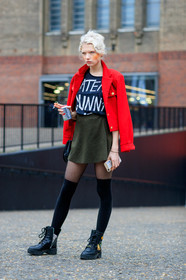 AUTUMN WINTER 2017-2018, AW 17-18, black boots, black shoes, black socks, black t shirt, FALL WINTER 2017-2018, fashion week, fishnet, frenchystyle, full length, FW, FW 17-18, green skirt, high socks, jonathan paciullo, leather shoes, LFW, LONDON, model, over the shoulder, printed t shirt, red jacket, street style, tights, vertical