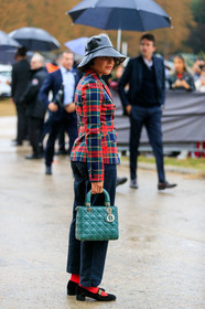 dior bag, dior jacket, dior hat, dior shoes, black hat, monogrammed hat, tulle hat, red jacket, checked jacket, plaid jacket, lady dior bag, quilted bag, hand bag, green leather bag, denim, black jeans, cropped jeans, loose jeans, red socks, black suede shoes, kitten heels shoes, fashion week, frenchystyle, FW, jonathan paciullo, street style, SPRING SUMMER 2020, SS 20, PFW, PARIS, vertical, full length
