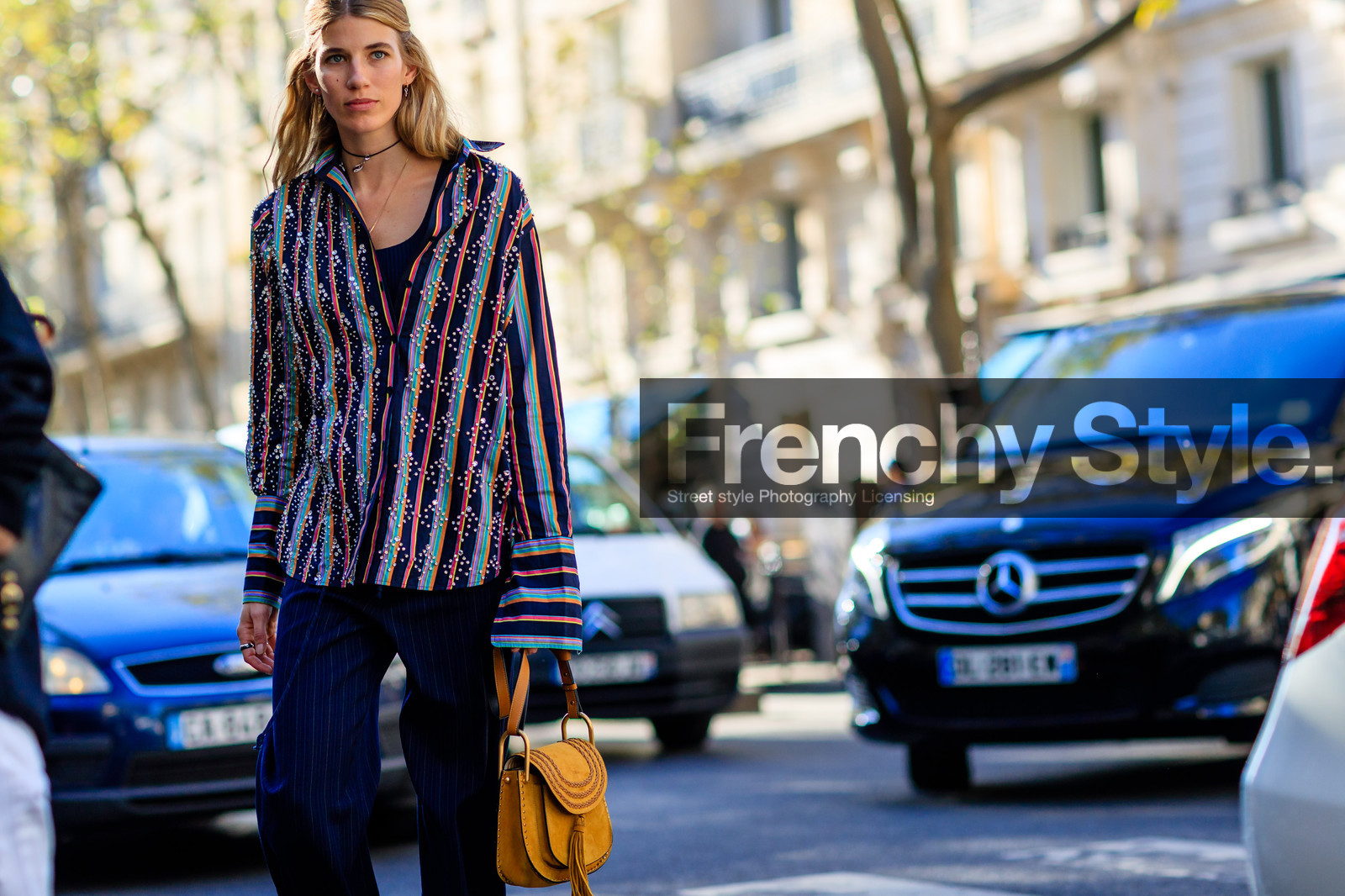 atmosphere details, chloe, choker, detail, embroidered shirt, fashion week, frenchystyle, FW, graphic shirt, horizontal, jonathan paciullo, leather bag, navy pants, necklace, PARIS, pearls, PFW, printed pants, printed shirt, SPRING SUMMER 2017, SS 17, street style, striped pants, striped shirt, trousers, veronika heilbrunner, yellow bag