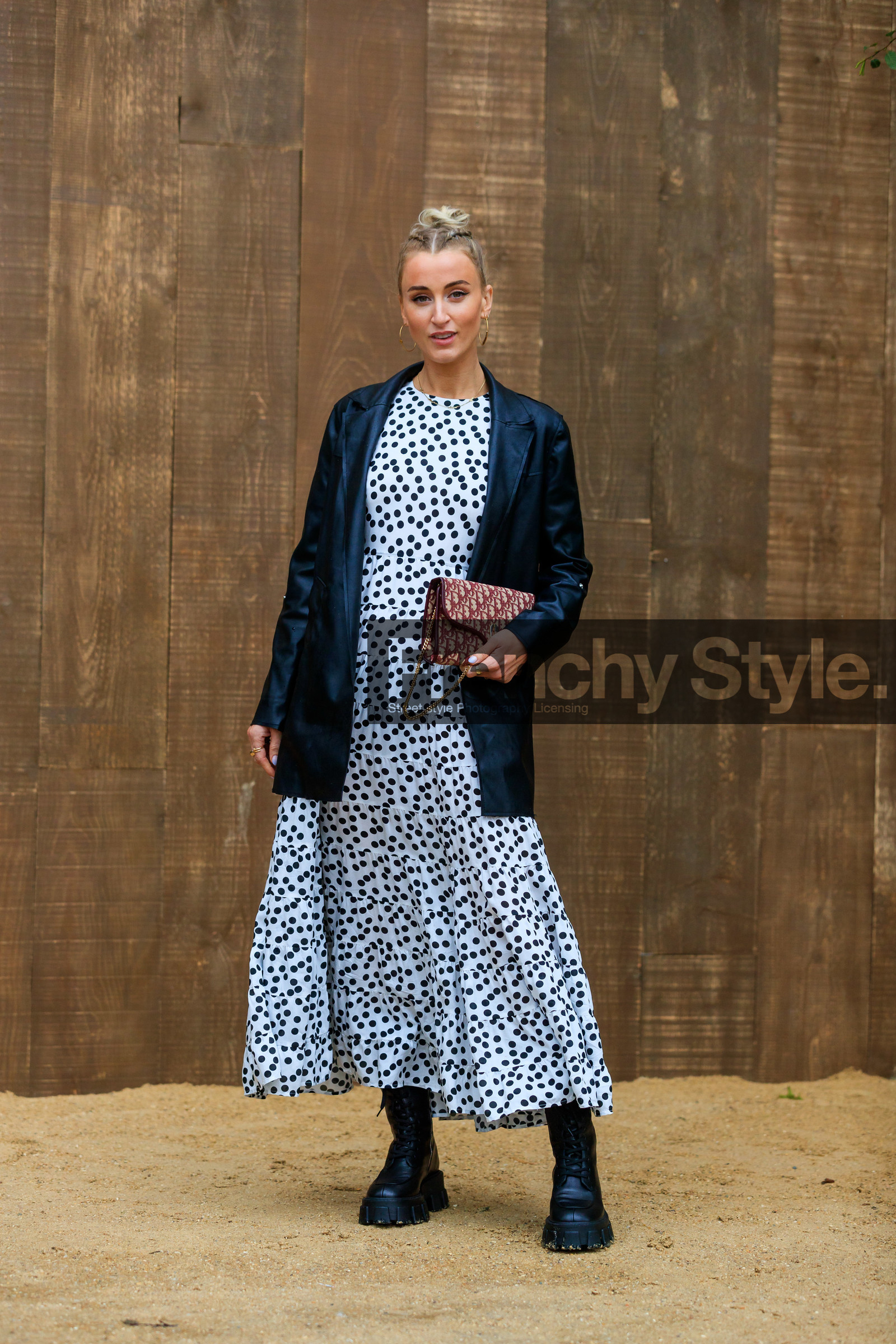 dior bag, dior earrings, black leather jacket, burgundy bag, monogrammed bag, white dress, polka dots dress, hoop earrings, golden earrings, black leather boots, big sole boots, laced boots, prada boots, fashion week, frenchystyle, FW, jonathan paciullo, street style, SPRING SUMMER 2020, SS 20, PFW, PARIS, vertical, full length