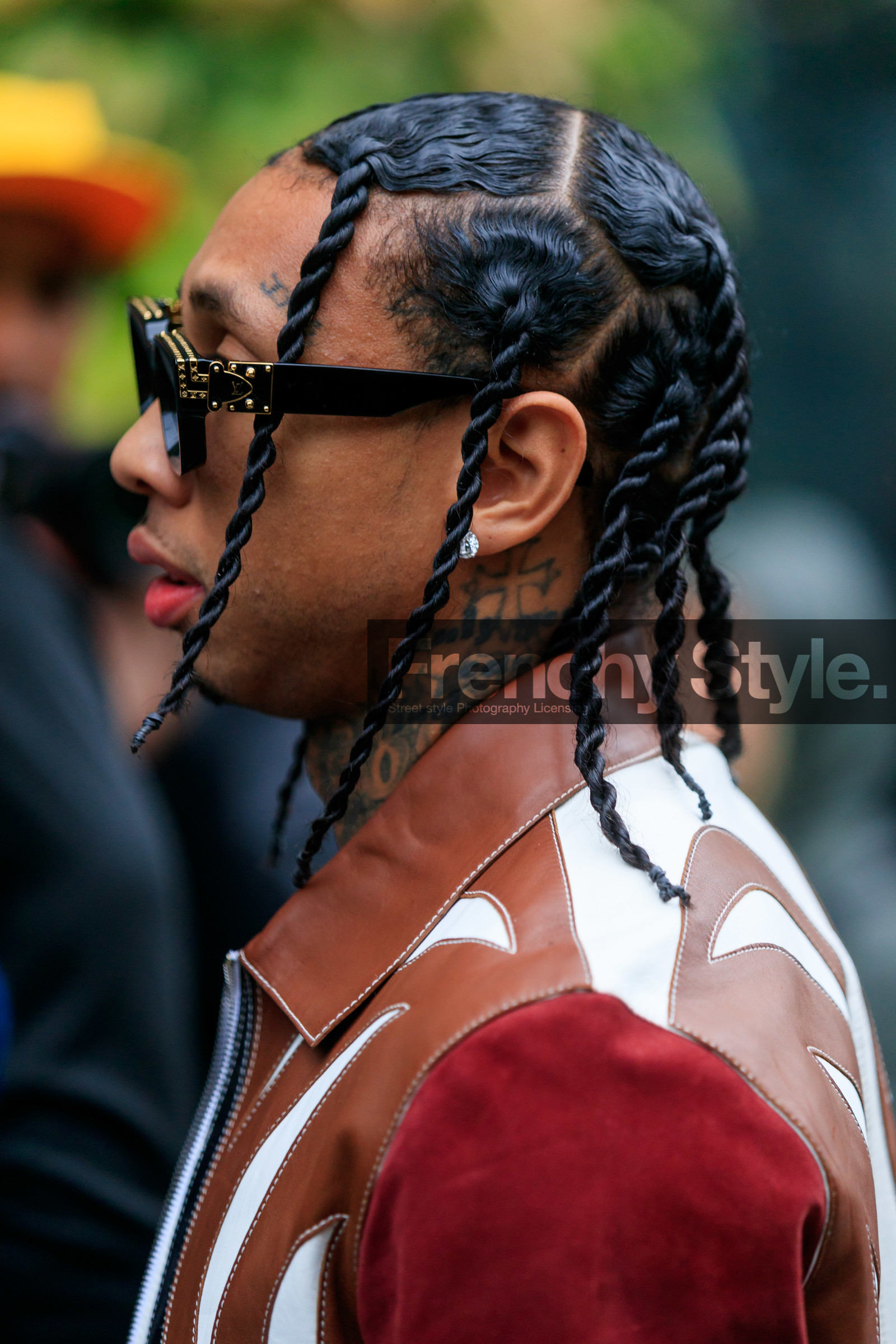 tyga, hair details, close up detail, plaited hair, diamond earrings, louis vuitton sunglasses, studs sunglasses, black sunglasses, golden sunglasses, brown leather jacket, white leather jacket, fashion week, frenchystyle, FW, jonathan paciullo, street style, SPRING SUMMER 2020, SS 20, PFW, PARIS, vertical, atmosphere details, detail