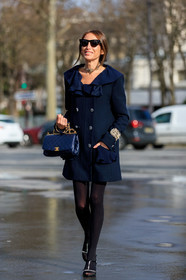chloe loulou de saison, navy blue coat, navy blue leather bag, pearl bracelet, pearl chocker, pearl necklace, golden chocker, black sunglasses, tol sunglasses, ruffle coat, jacket dress, quilted bag, hand bag, big bangle, big bracelet, chanel bag, chanel bracelet, chanel coat, chanel necklace, chanel shoes, black tights, black sandals, satin sandals, strassed sandals, fashion week, frenchystyle, FW, jonathan paciullo, street style, PFW, PARIS, vertical, full length
