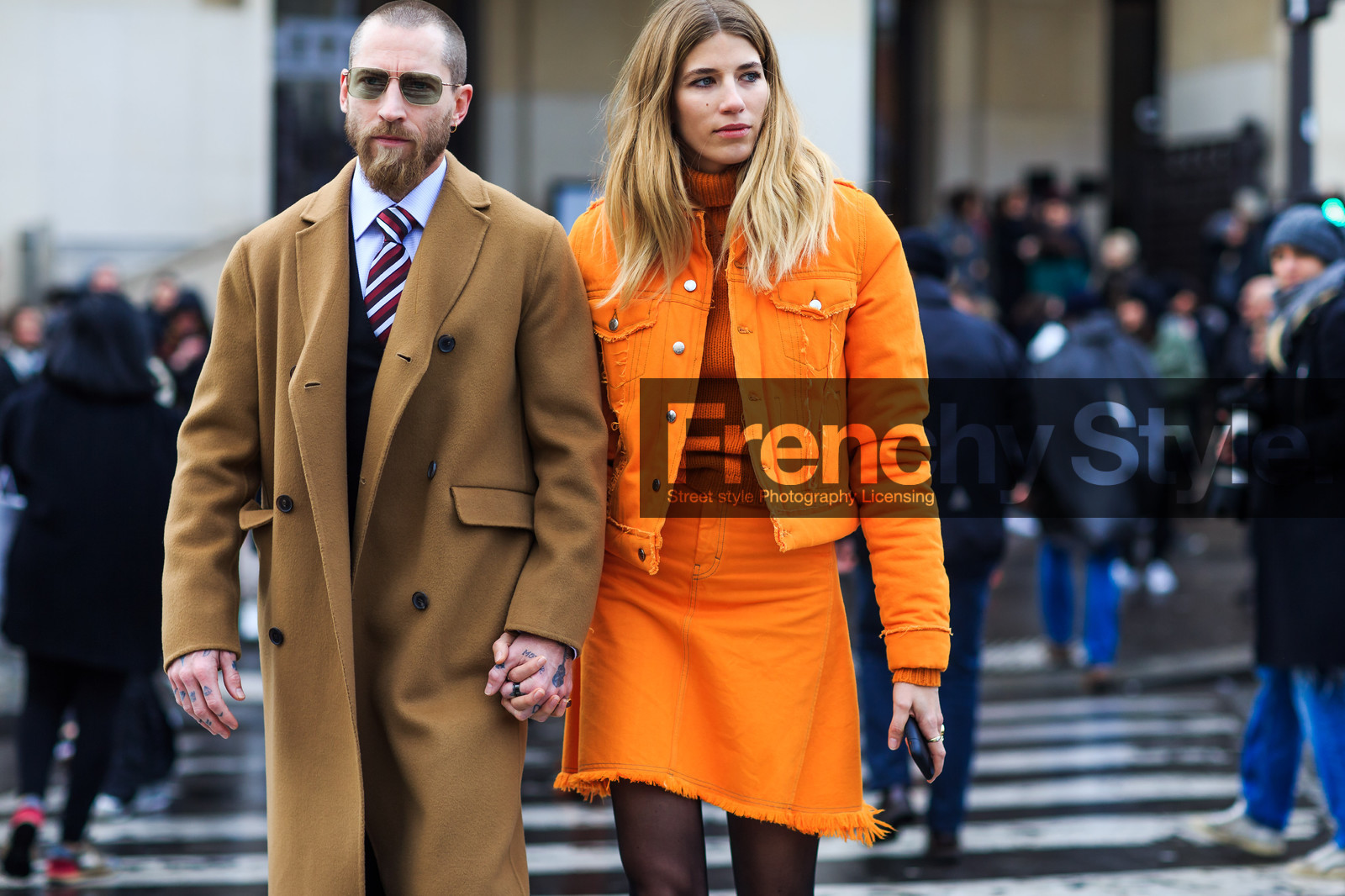 atmosphere details, AUTUMN WINTER 2016-2017, AW 16-17, beige coat, camel coat, detail, FALL WINTER 2016-2017, fashion week, frenchystyle, FW, FW 16-17, horizontal, jonathan paciullo, justin o'shea, orange denim, orange jacket, orange skirt, overcoat, PARIS, PFW, street style, sunglasses, tights, tone on tone, total look orange, veronika heilbrunner