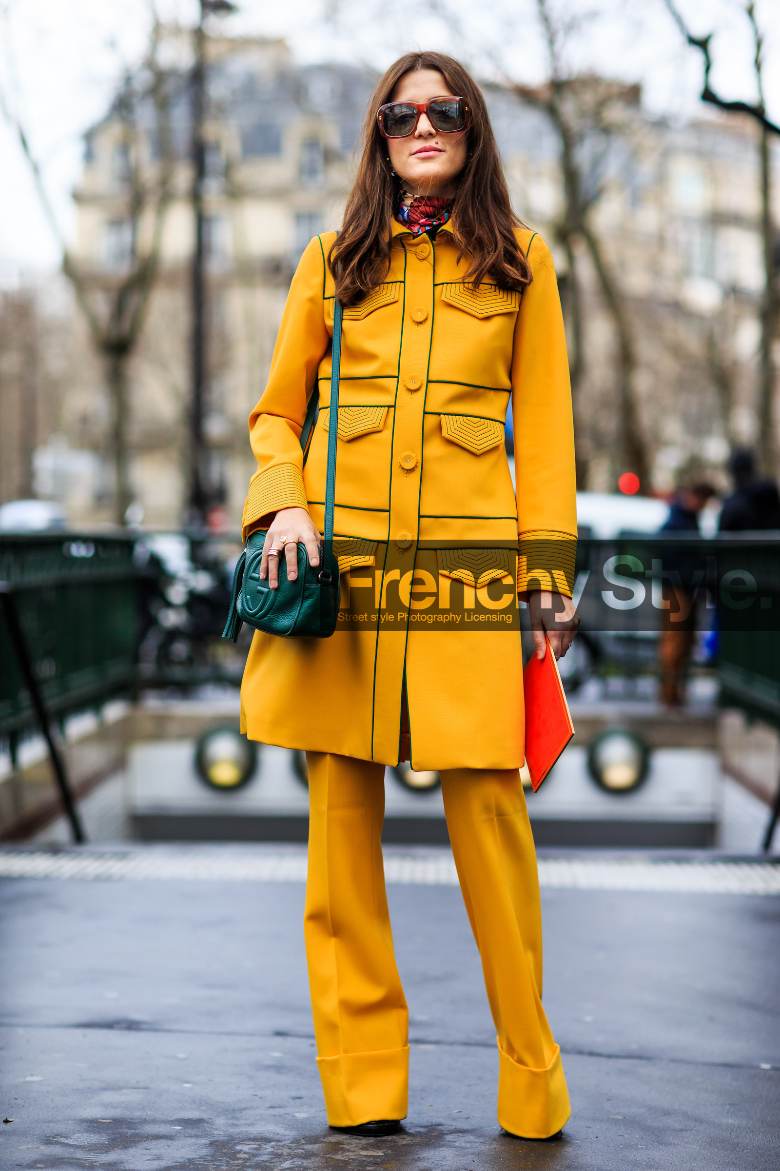 AUTUMN WINTER 2016-2017, AW 16-17, carine roitfeld, eleonora carisi, FALL WINTER 2016-2017, fashion week, frenchystyle, full length, FW, FW 16-17, green bag, gucci, jonathan paciullo, leather bag, PARIS, PFW, street style, sunglasses, trousers, vertical, yellow coat, yellow jacket, yellow pants