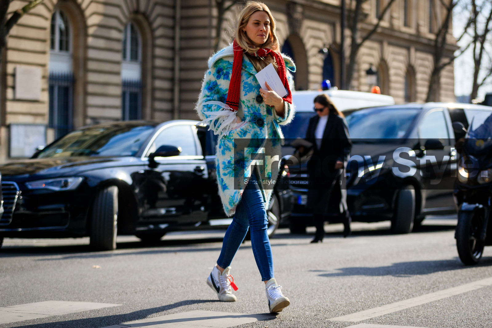 blue denim, denim pants, floral, flowers, graphic jacket, jeans, leather shoes, nike, printed jacket, red scarf, trousers, turquoise, white coat, white sneakers, street style, jonathan paciullo, FW, frenchystyle, fashion week, PFW, PARIS, AUTUMN WINTER 2018-2019, FALL WINTER 2018-2019, FW 18-19, horizontal, atmosphere details, full length