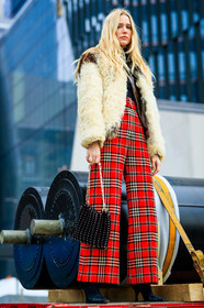 black bag, black shoes, black turtleneck, checked, fur jacket, graphic pants, leather bag, leather shoes, megan adelaide, paco rabanne, plaid, printed pants, red pants, tartan, trousers, white fur, white jacket, street style, jonathan paciullo, frenchystyle, NYFW, NEW YORK, AUTUMN WINTER 2019-2020, AW 19-20, FALL WINTER 2019-2020, FW 19-20, fashion week, FW, vertical, full length