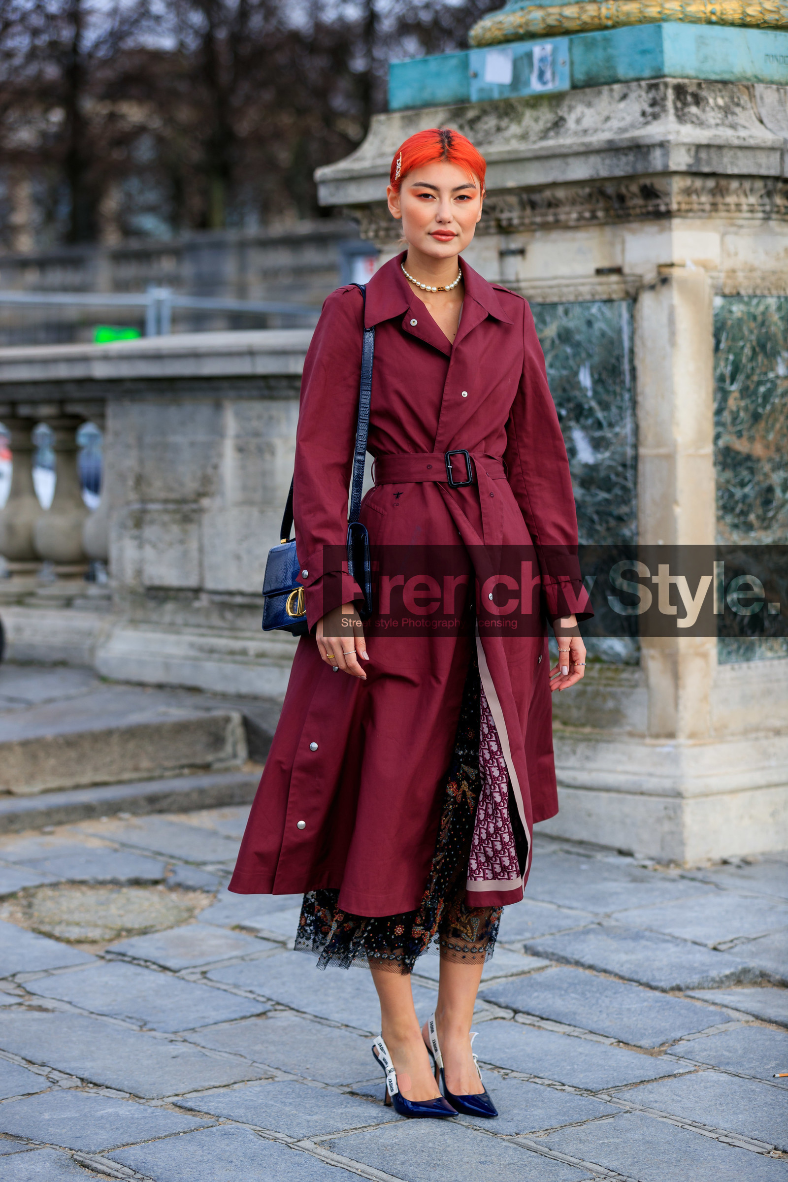 amalie gassmann, red hair, burgundy trenchcoat, black dress, black polish shoes, dior bag, dior dress, dior shoes, dior total look, dior trench coat, monogrammed trench coat, tulle dress, floral embroidered dress, long dress, sling back shoes, sharp end shoes, kitten heels shoes, dior hair clip, navy blue leather bag, 30 montaigne bag, fashion week, frenchystyle, FW, jonathan paciullo, street style, PFW, PARIS, AUTUMN WINTER 2020-2021, FALL WINTER 2020-2021, FW 20-21, vertical, full length