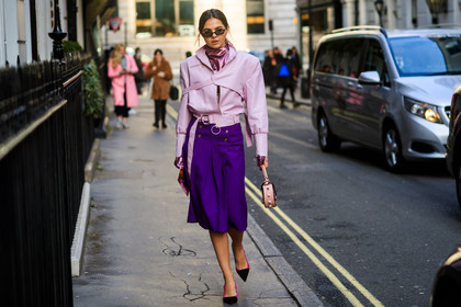 glitter, high heels, leather bag, leather shoes, pink bag, pink jacket, pink shoes, pink top, pleated skirt, purple skirt, sequined top, shiny top, sunglasses, fashion week, frenchystyle, FW, jonathan paciullo, street style, LFW, LONDON, AUTUMN WINTER 2018-2019, AW 18-19, FALL WINTER 2018-2019, FW 18-19, horizontal, atmosphere details, full length, doina ciobanu
