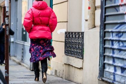 black shoes, blue skirt, down jacket, floral, flowers, high boots, high heels, leather shoes, pink jacket, printed skirt, street style, jonathan paciullo, FW, frenchystyle, fashion week, PFW, PARIS, AUTUMN WINTER 2018-2019, FALL WINTER 2018-2019, FW 18-19, horizontal, atmosphere details, caroline issa