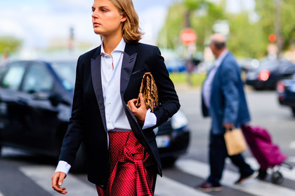 animal print, atmosphere details, black jacket, blazer, claire beermann, detail, fashion week, frenchystyle, FW, horizontal, jonathan paciullo, leather bag, leopard print, PARIS, PFW, polka dot, printed bag, printed pants, red pants, SPRING SUMMER 2017, SS 17, street style, trousers, white shirt