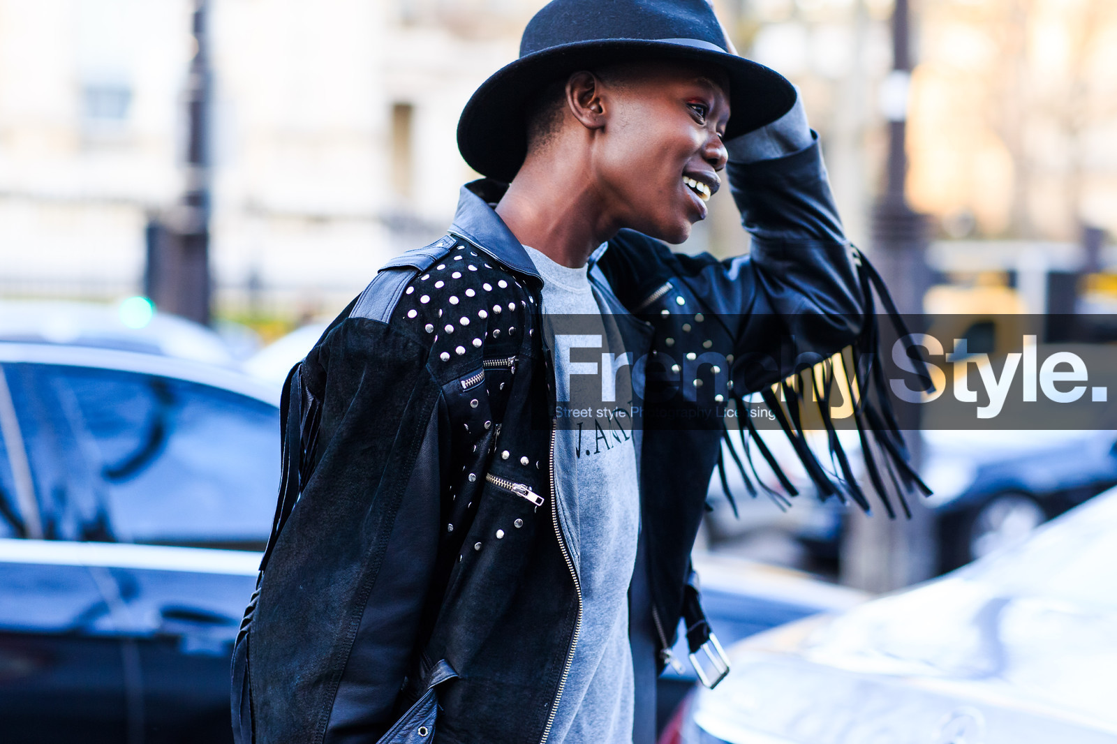 atmosphere details, AUTUMN WINTER 2016-2017, AW 16-17, black hat, black jacket, detail, FALL WINTER 2016-2017, fashion week, frenchystyle, fringes, FW, FW 16-17, grey t shirt, horizontal, jonathan paciullo, leather jacket, model, PARIS, PFW, street style, studs, suede jacket