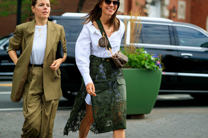 black belt, blazer, brown bag, green jacket, green pants, green skirt, green suit, high waist, julia gall, lace skirt, louis vuitton, monogram, see through, sunglasses, trousers, white shirt, white t shirt, street style, jonathan paciullo, FW, frenchystyle, fashion week, NEW YORK, NYFW, SPRING SUMMER 2020, SS 20, horizontal, atmosphere details, detail
