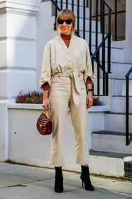 black shoes, camel sweater, chloé, denim jumpsuit, high heels, leather bag, leather shoes, red bag, sand jumpsuit, sunglasses, trousers, white jumpsuit, street style, jonathan paciullo, FW, frenchystyle, fashion week, LFW, LONDON, AUTUMN WINTER 2018-2019, AW 18-19, FALL WINTER 2018-2019, FW 18-19, vertical, full length, lisa aiken