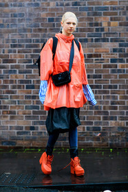 black bag, black leggings, black skirt, high heels, leather bag, leather shoes, orange jacket, orange shoes, rain jacket, striped shirt, street style, jonathan paciullo, FW, frenchystyle, fashion week, LFW, LONDON, AUTUMN WINTER 2018-2019, AW 18-19, FALL WINTER 2018-2019, FW 18-19, vertical, full length, model