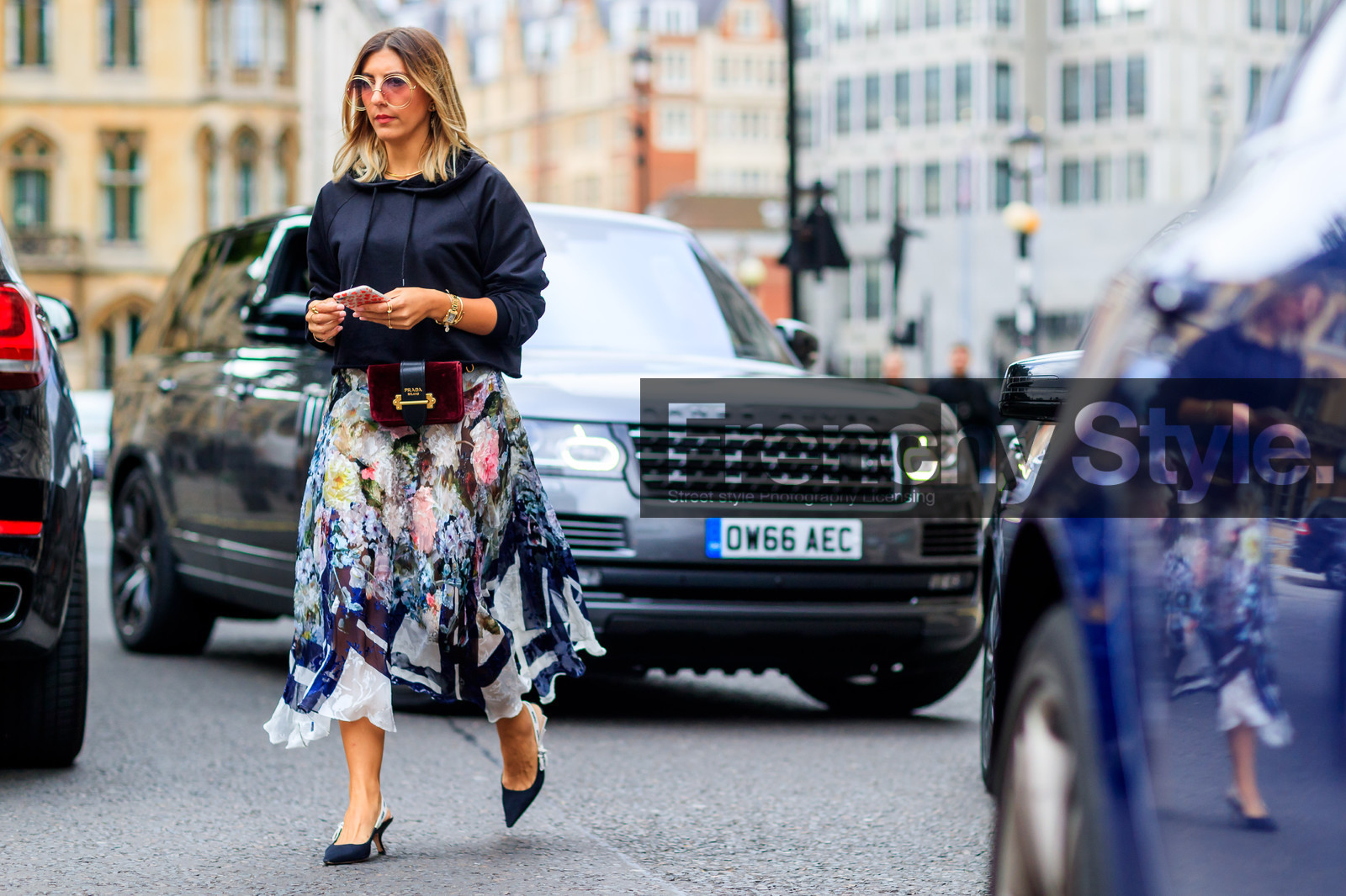 atmosphere details, black shoes, black sweater, bordeaux, burgundy, christian dior, fashion week, floral, flowers, frenchystyle, full length, FW, high heels, hoodie, horizontal, jonathan paciullo, leather bag, leather shoes, LFW, LONDON, prada, printed skirt, red bag, SPRING SUMMER 2018, SS 18, street style