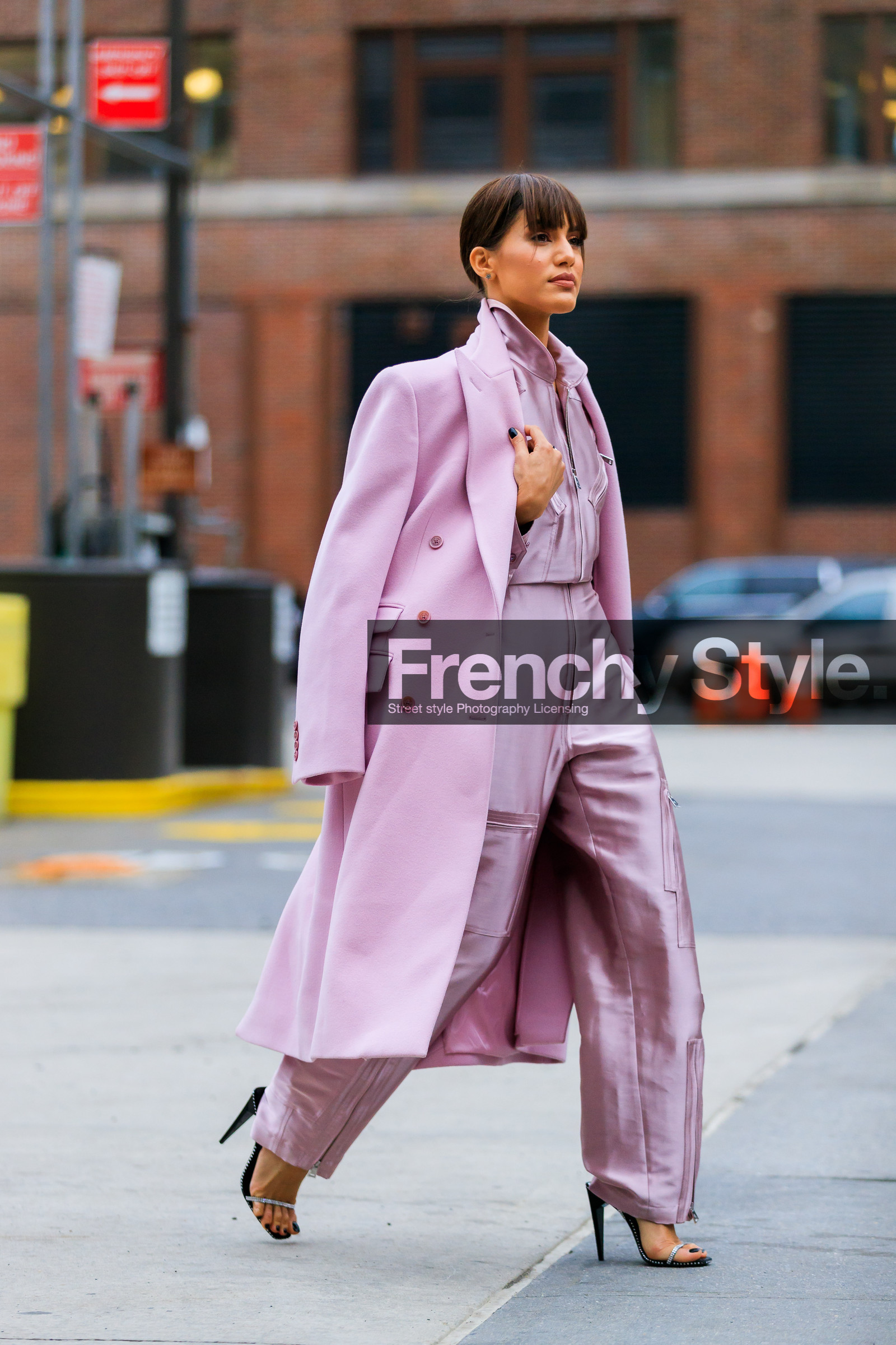 graphic bag, leather bag, leather shoes, over the shoulder, pink coat, pink jacket, pink pants, printed bag, silver bag, tone on tone, total look pink, trousers, street style, jonathan paciullo, FW, frenchystyle, fashion week, NYFW, NEW YORK, AUTUMN WINTER 2018-2019, AW 18-19, FALL WINTER 2018-2019, FW 18-19, vertical, full length, camila coelho