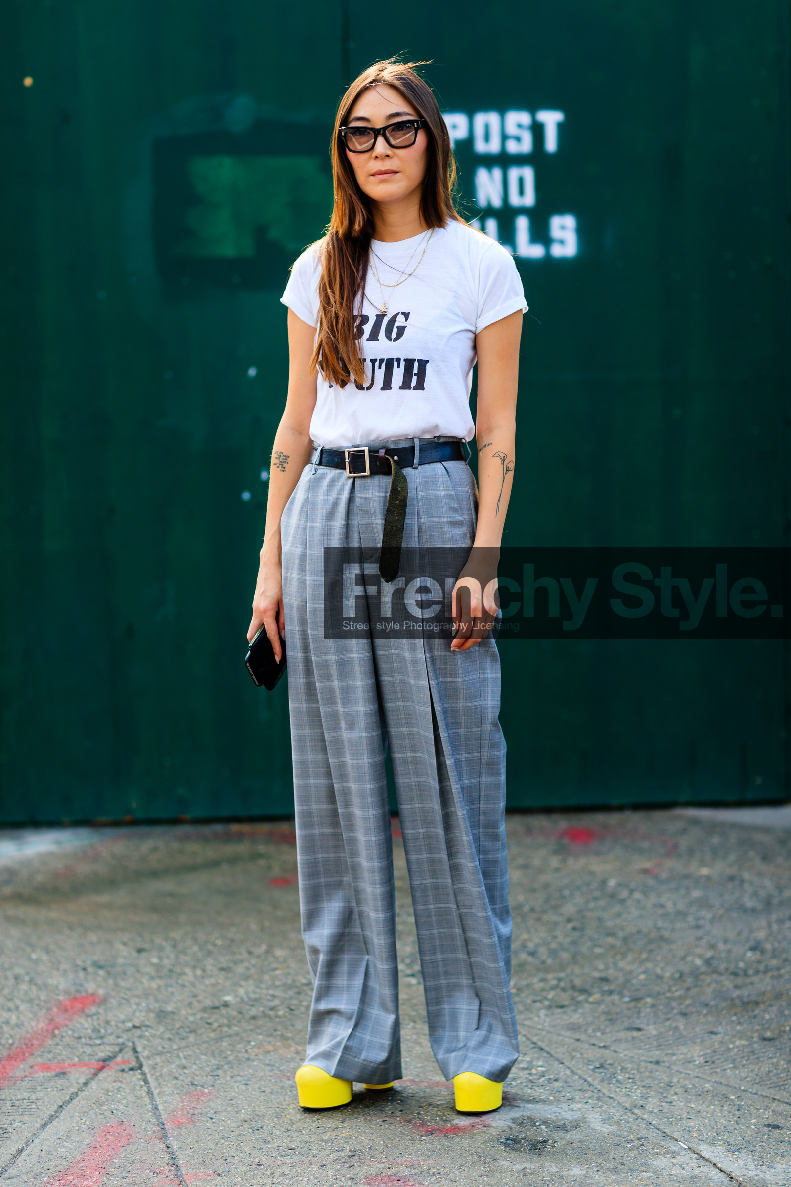 black belt, checked pants, fashion week, frenchystyle, full length, FW, grey pants, high waist, jayne min, jonathan paciullo, leather belt, NEW YORK, NYFW, printed t shirt, SPRING SUMMER 2017, SS 17, street style, sunglasses, tattoos, trousers, vertical, white t shirt, woman, yellow boots