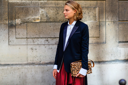 animal print, atmosphere details, black jacket, blazer, claire beermann, detail, fashion week, frenchystyle, FW, horizontal, jonathan paciullo, leather bag, leopard print, PARIS, PFW, polka dot, printed bag, printed pants, red pants, SPRING SUMMER 2017, SS 17, street style, trousers, white shirt