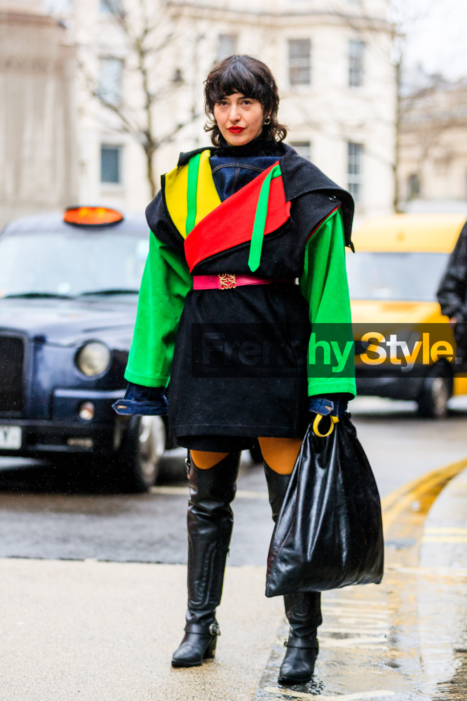 black bag, black dress, black shoes, blue denim, graphic jacket, high boots, leather bag, leather shoes, loewe, printed dress, printed jacket, red belt, street style, jonathan paciullo, FW, frenchystyle, fashion week, LFW, LONDON, AUTUMN WINTER 2018-2019, AW 18-19, FALL WINTER 2018-2019, FW 18-19, vertical, full length, Alicia Padrón