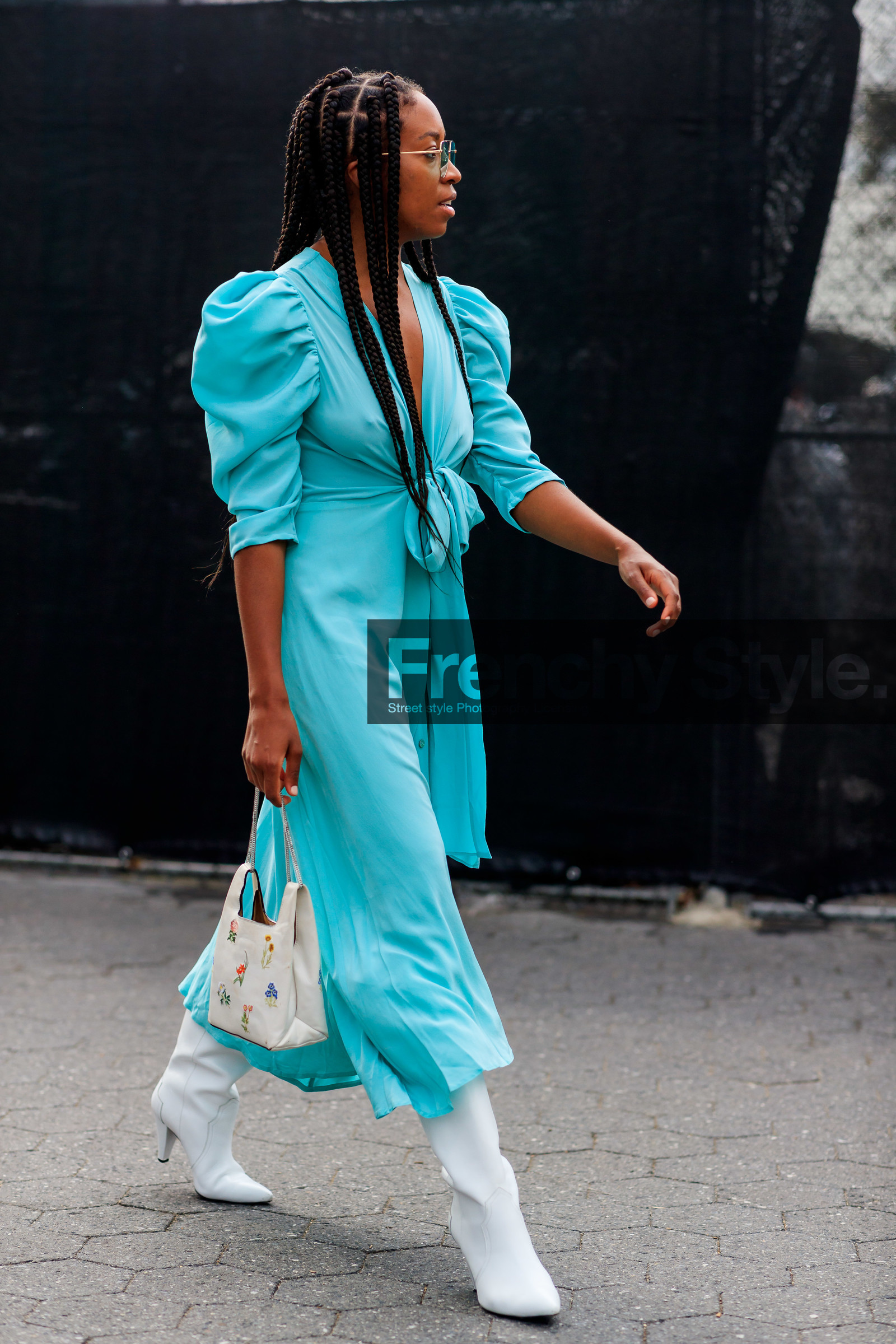 blue dress, braids, high boots, high heels, leather shoes, shiona turini, sunglasses, white bag, white shoes, street style, jonathan paciullo, FW, frenchystyle, fashion week, NEW YORK, NYFW, SPRING SUMMER 2020, SS 20, vertical, full length