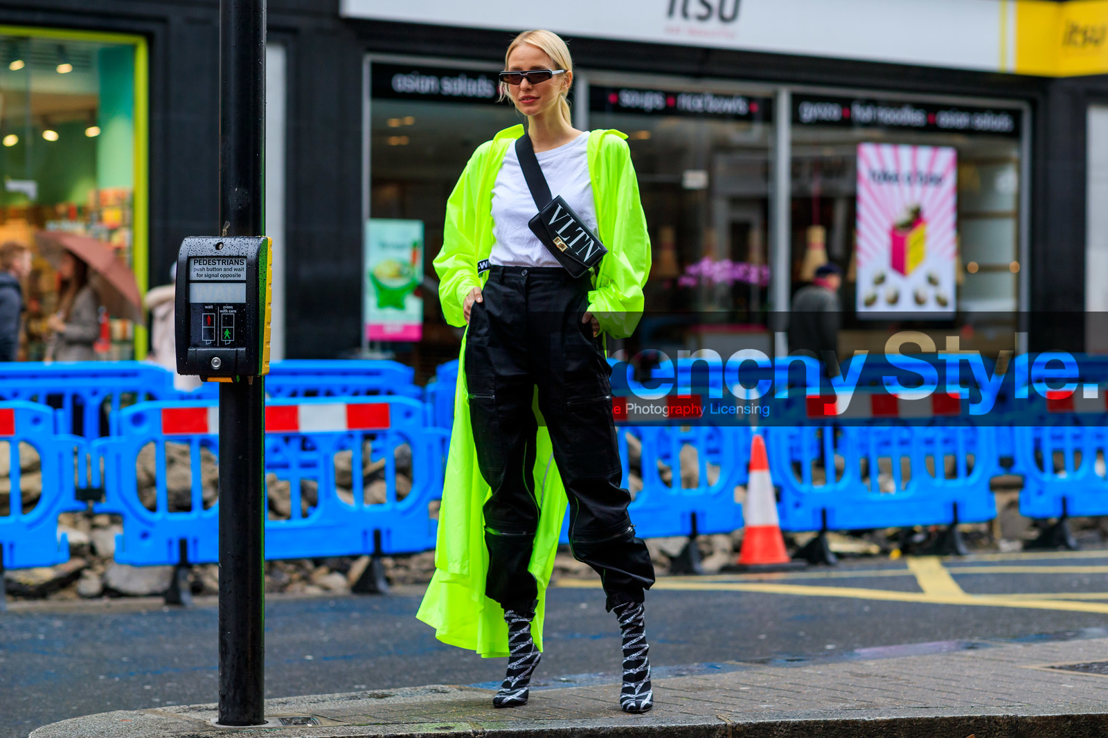 balenciaga, black and white shoes, black bag, black pants, black shoes, fanny pack, graphic bag, green coat, high heels, leather bag, leather shoes, leonie hanne, neon, printed bag, rain coat, sunglasses, trousers, valentino, white t shirt, LONDON, LFW, fashion week, frenchystyle, FW, jonathan paciullo, street style, AUTUMN WINTER 2019-2020, AW 19-20, FW 19-20, FALL WINTER 2019-2020, horizontal, atmosphere details, full length