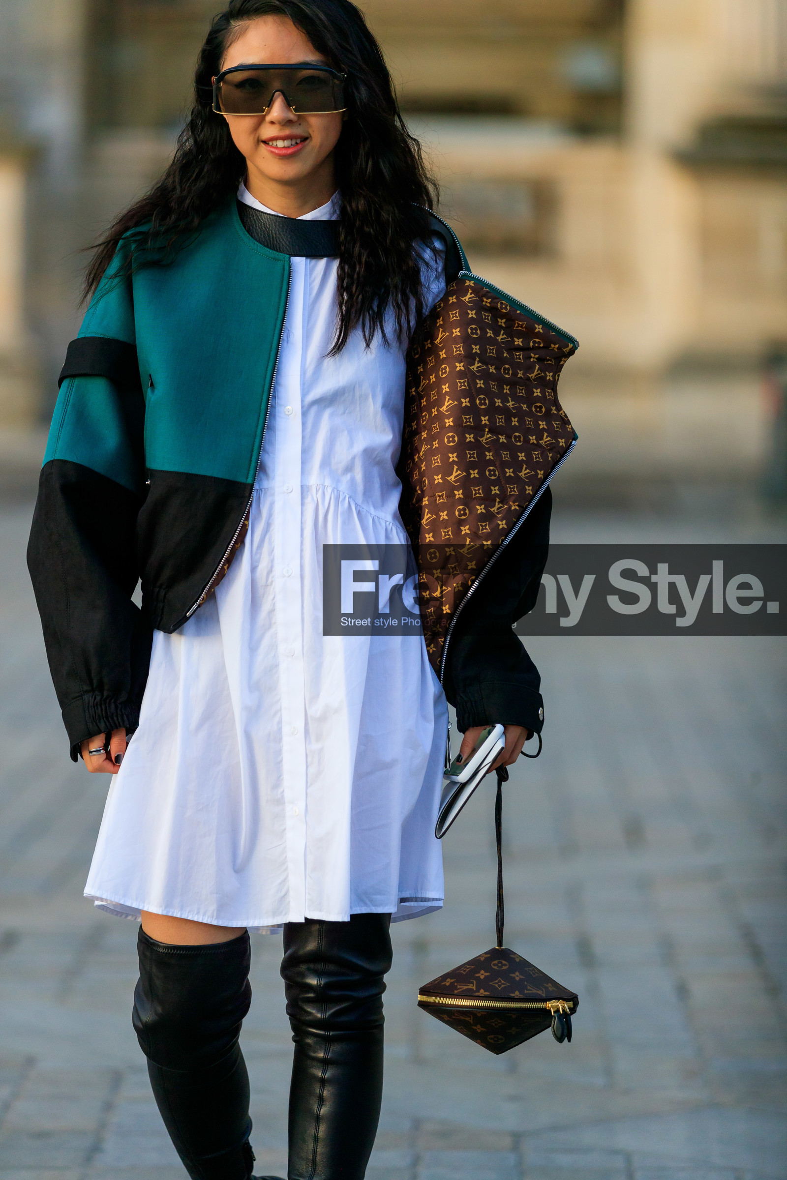 black bag, black shoes, brown bag, graphic bag, graphic jacket, green jacket, high boots, leather bag, leather shoes, louis vuitton, monogram, printed bag, printed jacket, sunglasses, white dress, yuwei zhangzou, PARIS, PFW, street style, jonathan paciullo, FW, frenchystyle, fashion week, AUTUMN WINTER 2019-2020, AW 19-20, FALL WINTER 2019-2020, FW 19-20, vertical, atmosphere details, detail