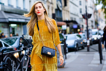 atmosphere details, black bag, boy bag, chanel, detail, fashion week, frenchystyle, FW, horizontal, joanna hillman, jonathan paciullo, leather bag, PARIS, PFW, SPRING SUMMER 2017, SS 17, street style, velvet, yellow dress