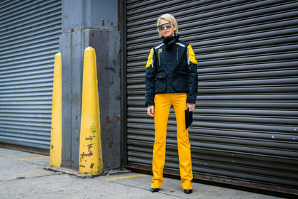 black jacket, black shoes, graphic jacket, printed jacket, ralph lauren, sunglasses, trousers, yellow pants, street style, jonathan paciullo, FW, frenchystyle, fashion week, NYFW, NEW YORK, AUTUMN WINTER 2018-2019, AW 18-19, FALL WINTER 2018-2019, FW 18-19, atmosphere details, horizontal, full length, caro daur