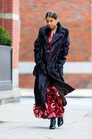 black shoes, brown fur, brown jacket, floral, flowers, fur jacket, graphic dress, high heels, leather shoes, printed dress, red dress, street style, jonathan paciullo, FW, frenchystyle, fashion week, NYFW, NEW YORK, AUTUMN WINTER 2018-2019, AW 18-19, FALL WINTER 2018-2019, FW 18-19, vertical, full length