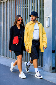 adidas, alice & j.s, beige shirt, black hat, black jacket, black shorts, blazer, graphic top, leather bag, leather shoes, louis vuitton, nike, off white, printed t shirt, red bag, sunglasses, white sneakers, white t shirt, street style, jonathan paciullo, FW, frenchystyle, fashion week, MFW, MILAN, SPRING SUMMER 2019, SS 19, vertical, full length