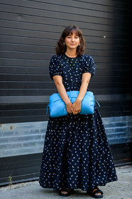 alyssa coscarelli, black dress, black shoes, blue bag, cecilie banhsen, floral, flowers, graphic dress, leather bag, leather shoes, printed dress, street style, jonathan paciullo, FW, frenchystyle, fashion week, NEW YORK, NYFW, SPRING SUMMER 2020, SS 20, vertical, full length