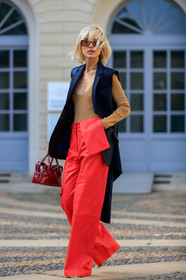 viktoria rader, square shape glasses, scale sunglasses, beige top, navy blue jacket, sleeveless jacket, long jacket, red leather pants, loose pants, low necked top, fashion week, frenchystyle, FW, jonathan paciullo, street style, vertical, full length, MFW, MILAN, SPRING SUMMER 2020, SS 20