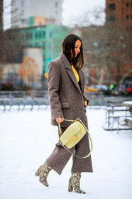 alice & j.s, animal print, beige bag, beige boots, blazer, brown jacket, brown pan, brown pants, brown suit, fendi, high heels, leather bag, leather shoes, snake print, trousers, yellow sweater, street style, jonathan paciullo, frenchystyle, NYFW, NEW YORK, AUTUMN WINTER 2019-2020, AW 19-20, FALL WINTER 2019-2020, FW 19-20, fashion week, FW, vertical, full length