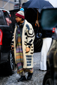 beanie, beige cardigan, black shoes, graphic jacket, knit dress, leather shoes, multicolor dress, printed jacket, printed sweater, street style, jonathan paciullo, frenchystyle, NYFW, NEW YORK, AUTUMN WINTER 2019-2020, AW 19-20, FALL WINTER 2019-2020, FW 19-20, fashion week, FW, vertical, full length