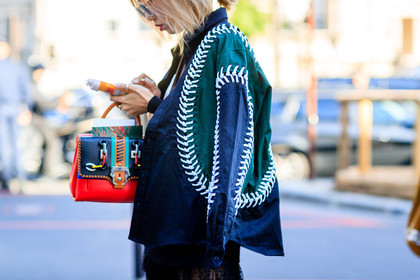 atmosphere details, baseball, detail, embroidered bag, fashion week, frenchystyle, FW, horizontal, jonathan paciullo, leather bag, multicolor bag, navy jacket, PARIS, PFW, printed bag, printed jacket, red bag, SPRING SUMMER 2017, SS 17, street style
