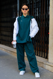 black bag, down jacket, earrings, green pants, green top, lacoste, leather bag, leather shoes, off the shoulder, sunglasses, trousers, white jacket, white sneakers, street style, jonathan paciullo, FW, frenchystyle, fashion week, PFW, PARIS, AUTUMN WINTER 2018-2019, FALL WINTER 2018-2019, FW 18-19, vertical, full length