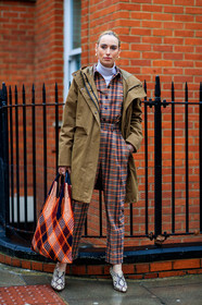 animal print, brown coat, brown jumpsuit, checked, earrings, flora macdonald johnston, graphic pants, grey shoes, high heels, leather bag, leather shoes, orange bag, orange jumpsuit, plaid, printed pants, snake print, trousers, turtleneck sweater, white sweater, LONDON, LFW, fashion week, frenchystyle, FW, jonathan paciullo, street style, AUTUMN WINTER 2019-2020, AW 19-20, FW 19-20, FALL WINTER 2019-2020, vertical, full length