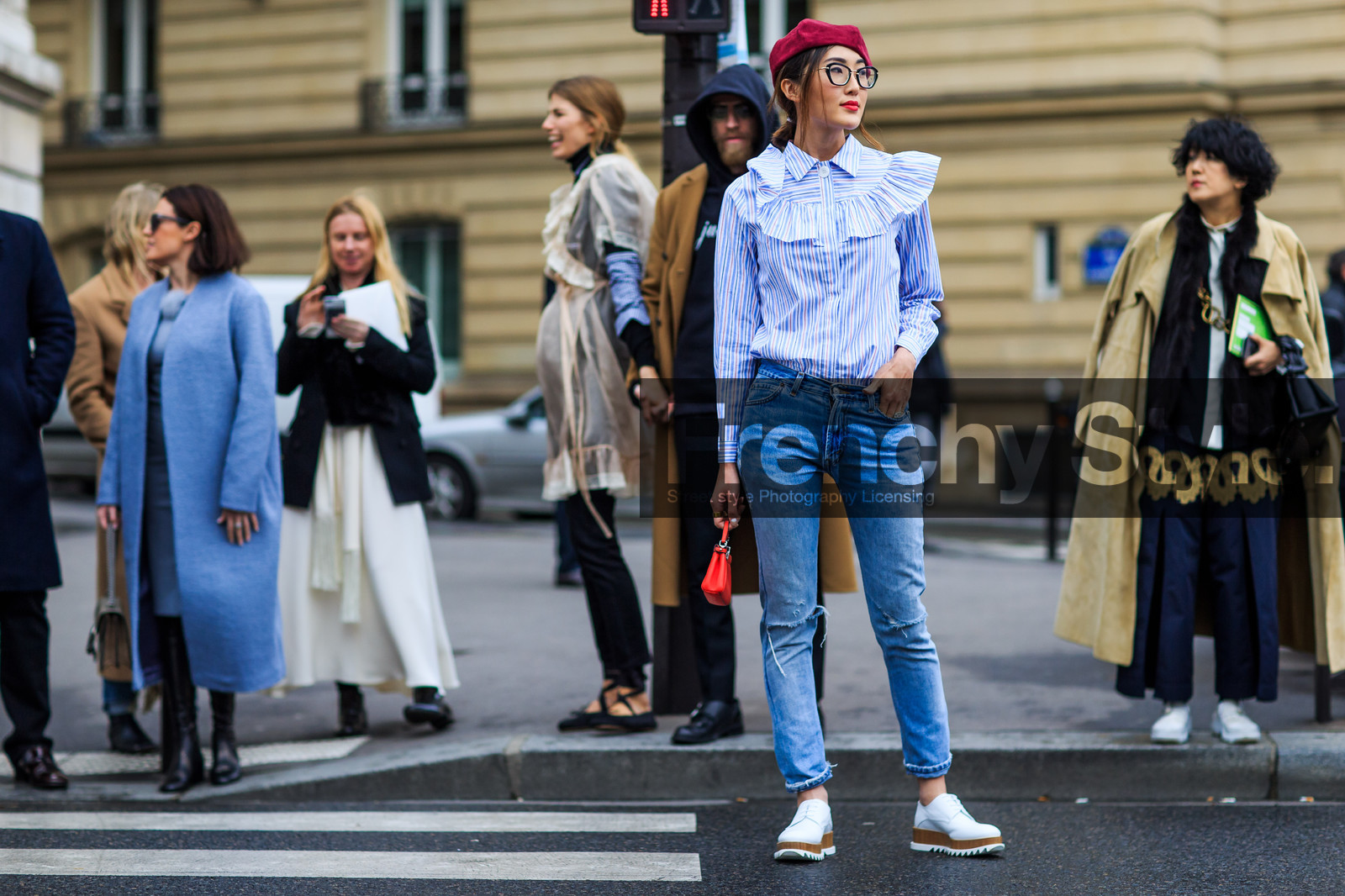 atmosphere details, AUTUMN WINTER 2016-2017, AW 16-17, beret, blue denim, blue shirt, Chriselle Lim, denim pants, FALL WINTER 2016-2017, fashion week, fendi, frenchystyle, full length, FW, FW 16-17, horizontal, jeans, jonathan paciullo, leather bag, leather shoes, mini bag, miu miu, PARIS, PFW, red bag, red hat, red lips, street style, striped shirt, sunglasses, trousers, white derbies