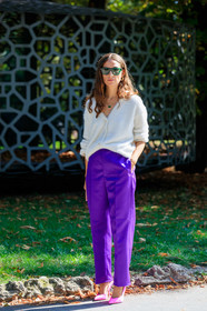 erika boldrin, green sunglasses, white cardigan, purple pants, tailored pants, pink shoes, fashion week, frenchystyle, FW, jonathan paciullo, street style, vertical, full length, MFW, MILAN, SPRING SUMMER 2020, SS 20