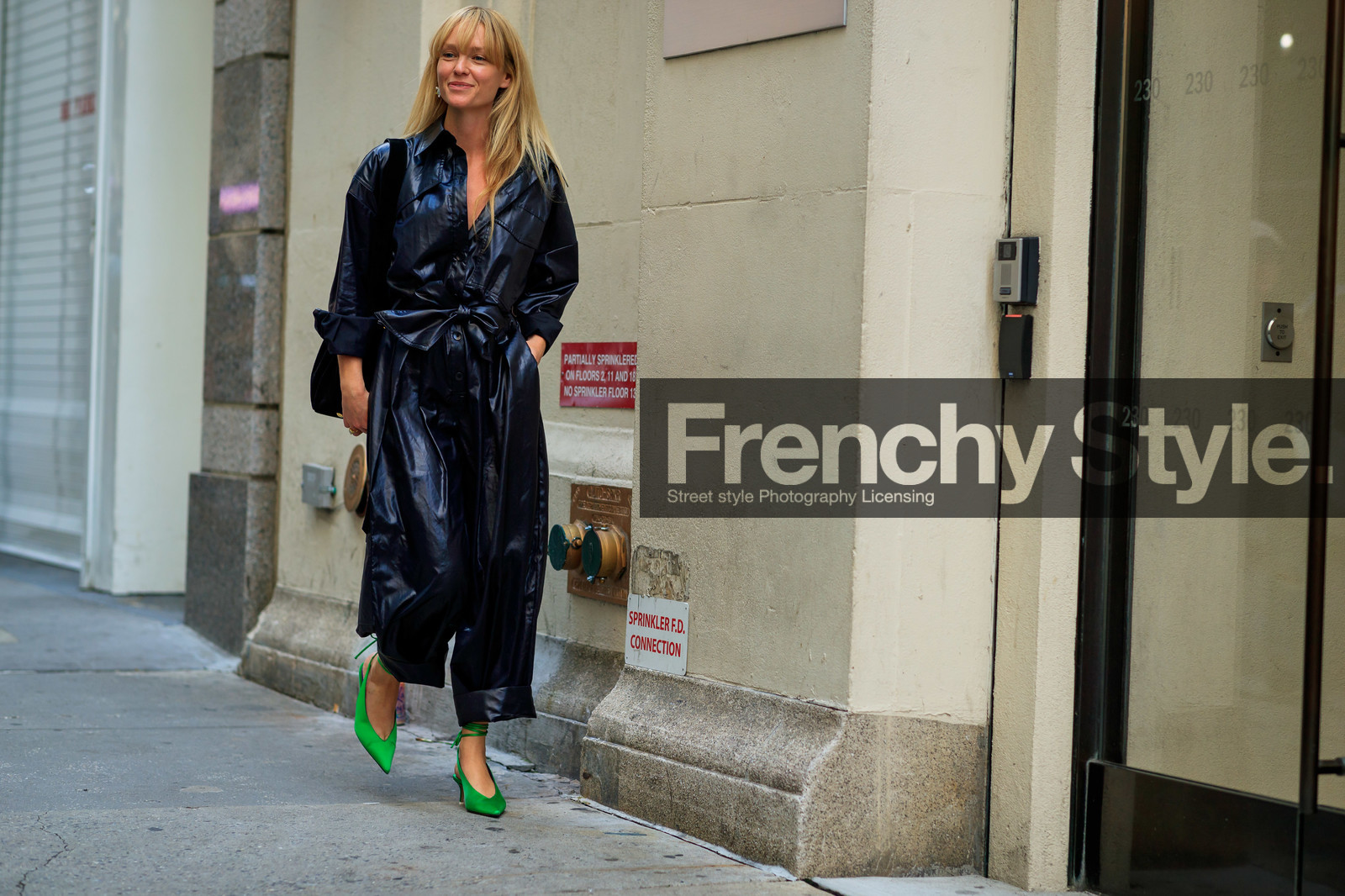 black bag, black jumpsuit, green shoes, high heels, jeanette madsen, leather bag, leather jumpsuit, leather shoes, trousers, street style, jonathan paciullo, FW, frenchystyle, fashion week, NEW YORK, NYFW, SPRING SUMMER 2020, SS 20, horizontal, atmosphere details, detail
