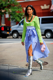 black and white shoes, blue skirt, crop top, graphic shoes, graphic skirt, green jacket, high boots, high heels, high waist, leather bag, leather shoes, necklace, pink bag, printed shoes, printed skirt, striped skirt, street style, jonathan paciullo, FW, frenchystyle, fashion week, NEW YORK, NYFW, SPRING SUMMER 2020, SS 20, vertical, full length
