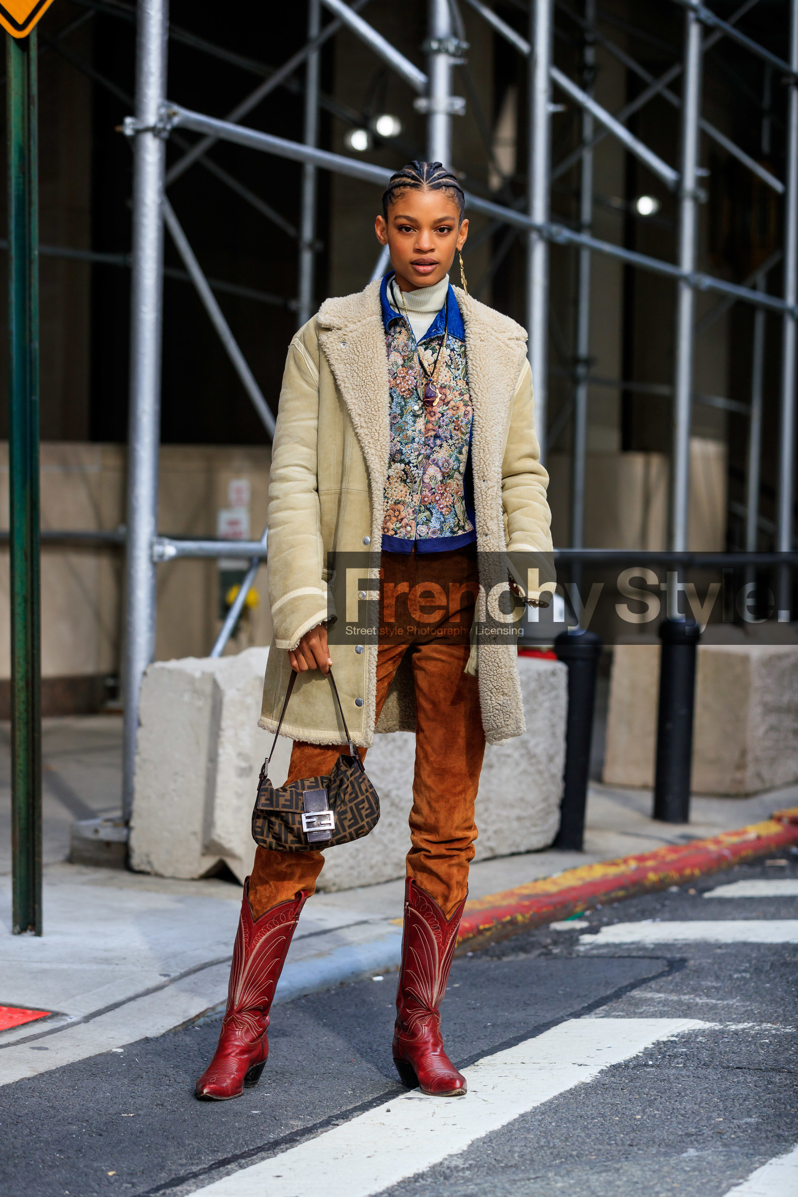 white coat, fur coat, floral embroidered jacket, camel suede pants, fendi bag, fendi baguette bag, brown bag, monogrammed bag, hand bag, red leather boots, cowboy boots, high boots, denim shirt, white pullover, turtleneck pullover, stone necklace, cross shape earrings, dangling earrings, fashion week, frenchystyle, FW, jonathan paciullo, street style, NYFW, NEW YORK, AUTUMN WINTER 2020-2021, FALL WINTER 2020-2021, FW 20-21, vertical, full length