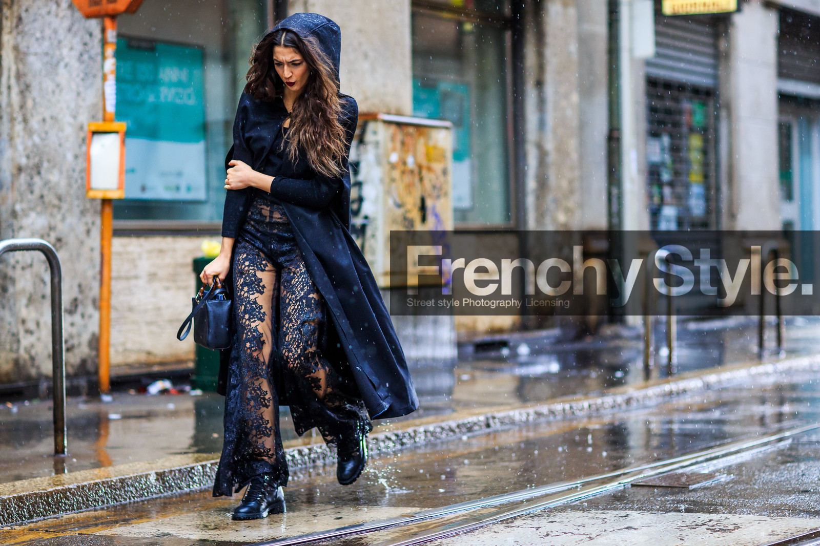 atmosphere details, AUTUMN WINTER 2016-2017, AW 16-17, black bag, black boots, black coat, black pants, black shoes, FALL WINTER 2016-2017, fashion week, frenchystyle, full length, FW, FW 16-17, graphic pants, gucci, hood, horizontal, jonathan paciullo, lace pants, leather bag, leather boots, leather shoes, LFW, LONDON, long hair, MENSWEAR, Sara Nicole Rossetto, see through, street style, trousers