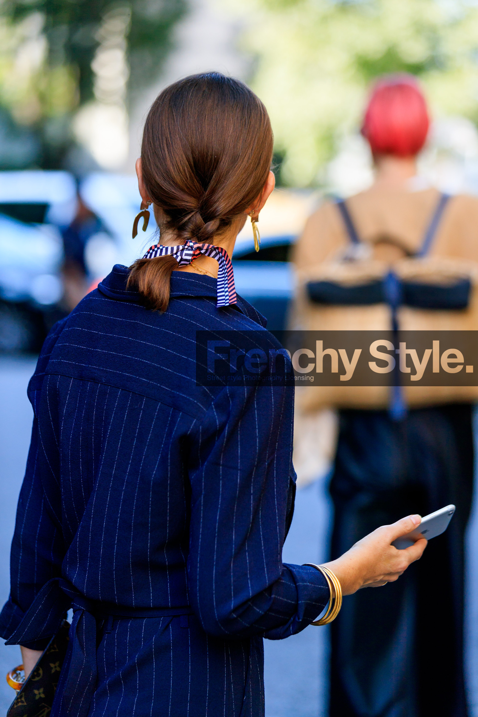 blue jumpsuit, braids, earrings, emily zak, graphic jumpsuit, graphic pants, louis vuitton, monogram, printed jumpsuit, printed pants, striped jumpsuit, trousers, street style, jonathan paciullo, FW, frenchystyle, fashion week, MFW, MILAN, SPRING SUMMER 2019, SS 19, vertical, atmosphere details, detail