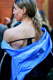 AUTUMN WINTER 2017-2018, AW 17-18, back detail, black shirt, blue shirt, detail, FALL WINTER 2017-2018, fashion week, frenchystyle, FW, FW 17-18, geometric, graphic shirt, irina lakicevic, jonathan paciullo, LFW, LONDON, off the shoulder, open back, printed shirt, street style, striped shirt, vertical