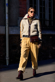 beige gloves, brown bag, brown boots, corduroy, crocodile, fur jacket, high heels, leather bag, leather shoes, shearling, sheep fur, sunglasses, trousers, white fur, yellow pants, street style, jonathan paciullo, FW, frenchystyle, fashion week, PFW, PARIS, AUTUMN WINTER 2018-2019, FALL WINTER 2018-2019, FW 18-19, vertical, full length, monica ainley