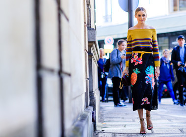 atmosphere details, black skirt, fashion week, floral, flower, frenchystyle, full length, FW, graphic sweater, high heels, horizontal, jonathan paciullo, leather bag, leather shoes, olivia palermo, PARIS, PFW, printed skirt, printed sweater, SPRING SUMMER 2017, SS 17, street style, striped sweater, stripes, valentino, yellow belt, yellow sweater